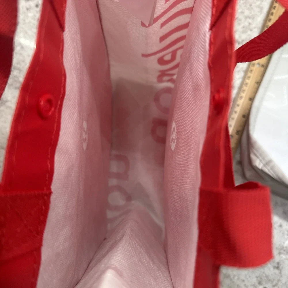 Lululemon 2 Reusable Shopping Tote Bag Red And‎ Off White Logo 12x9